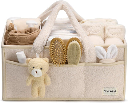 Baby Nappy Caddy Organiser – Plush Sherpa Storage Basket with Compartments – Elvoria