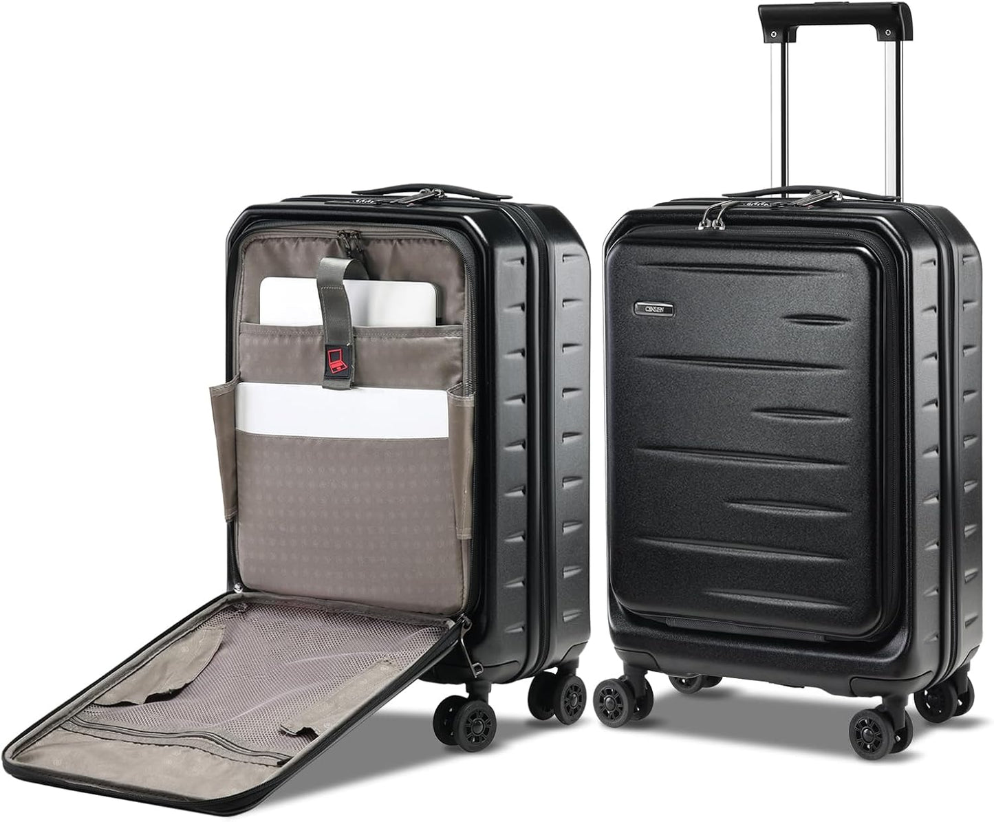 Expandable hard-shell suitcase with front compartment and TSA lock.