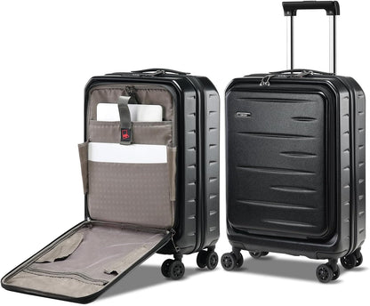 Expandable hard-shell suitcase with front compartment and TSA lock.