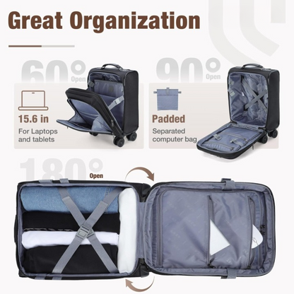 Expandable under-seat cabin bag with spinner wheels and a laptop compartment