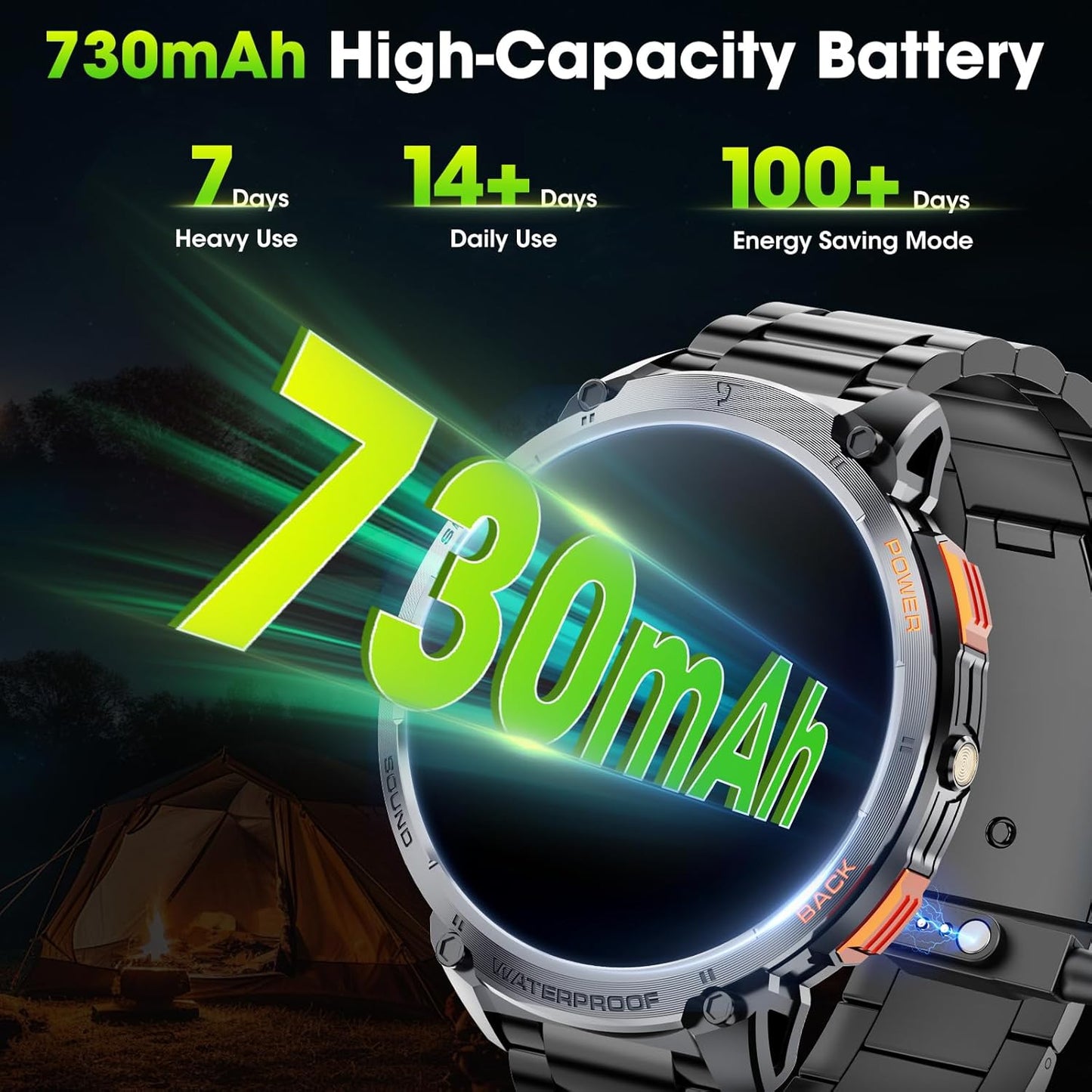 Men's military smartwatch with a 1.85-inch HD display and torch.