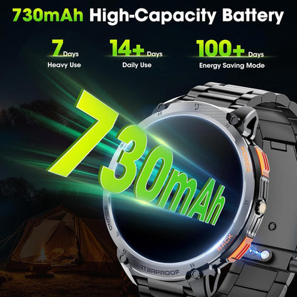 Men's military smartwatch with a 1.85-inch HD display and torch.