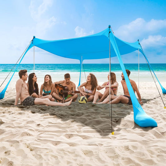 UPF50+ family beach tent with aluminium poles and sand anchors