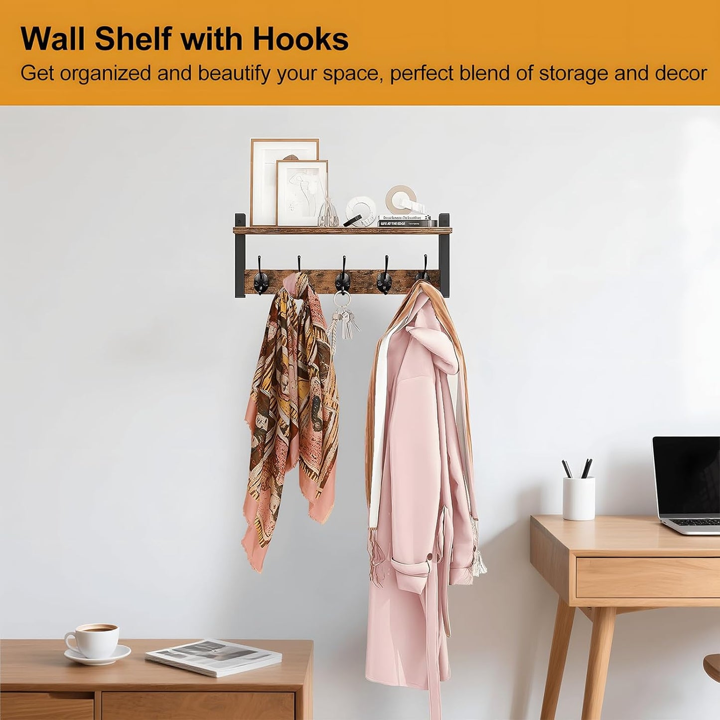 Wall-mounted coat rack with shelf and 5 metal hooks – Ravora
