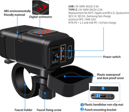 Motorbike USB and Type-C fast charger with voltmeter – Drayvik
