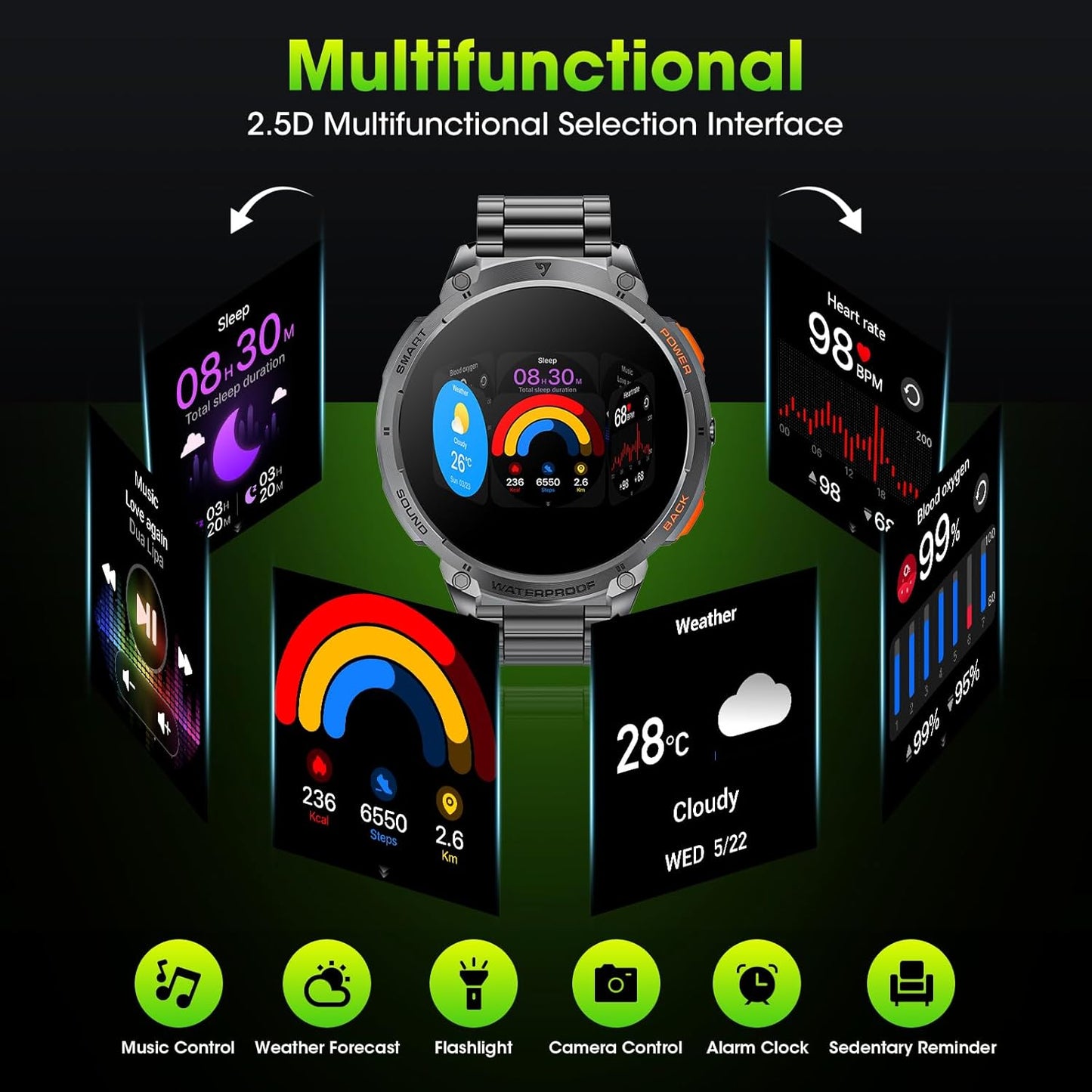 Men's military smartwatch with a 1.85-inch HD display and torch.