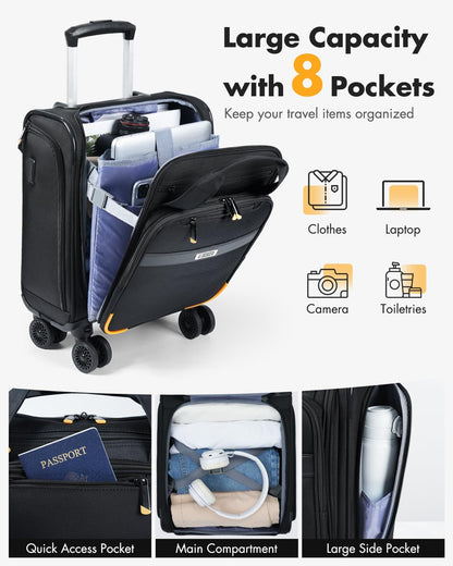 Airline-approved under-seat hand luggage with spinner wheels and a laptop compartment