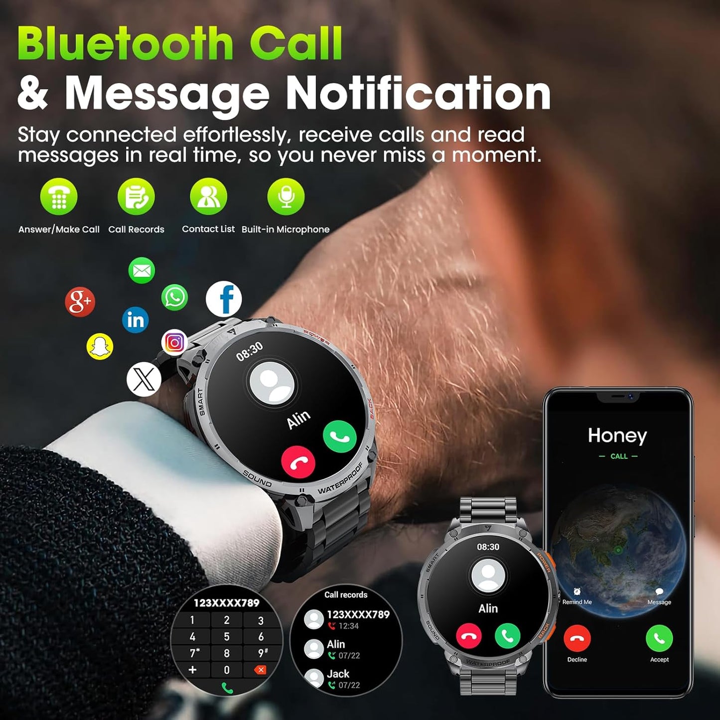Men's military smartwatch with a 1.85-inch HD display and torch.