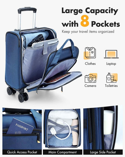 Airline-approved under-seat hand luggage with spinner wheels and a laptop compartment
