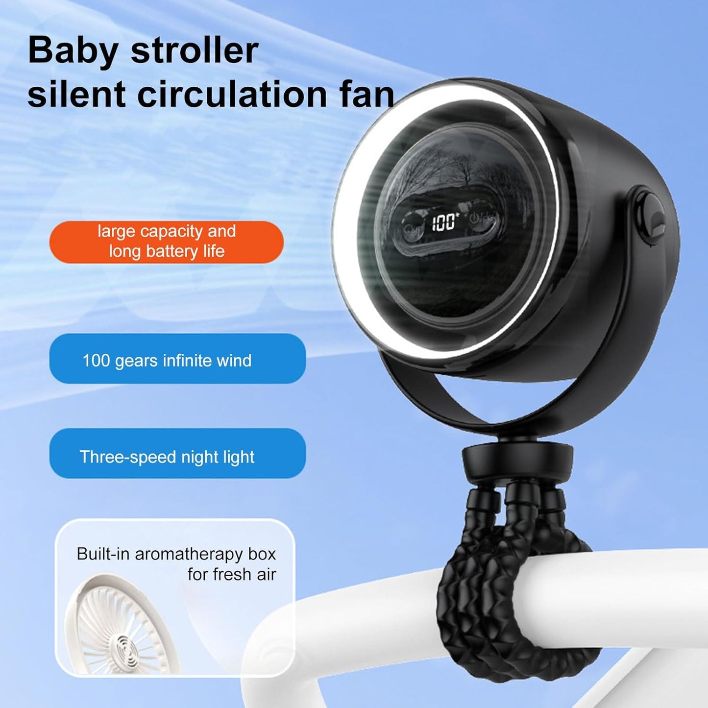 Rechargeable clip-on pram fan with night light — 100 speed settings