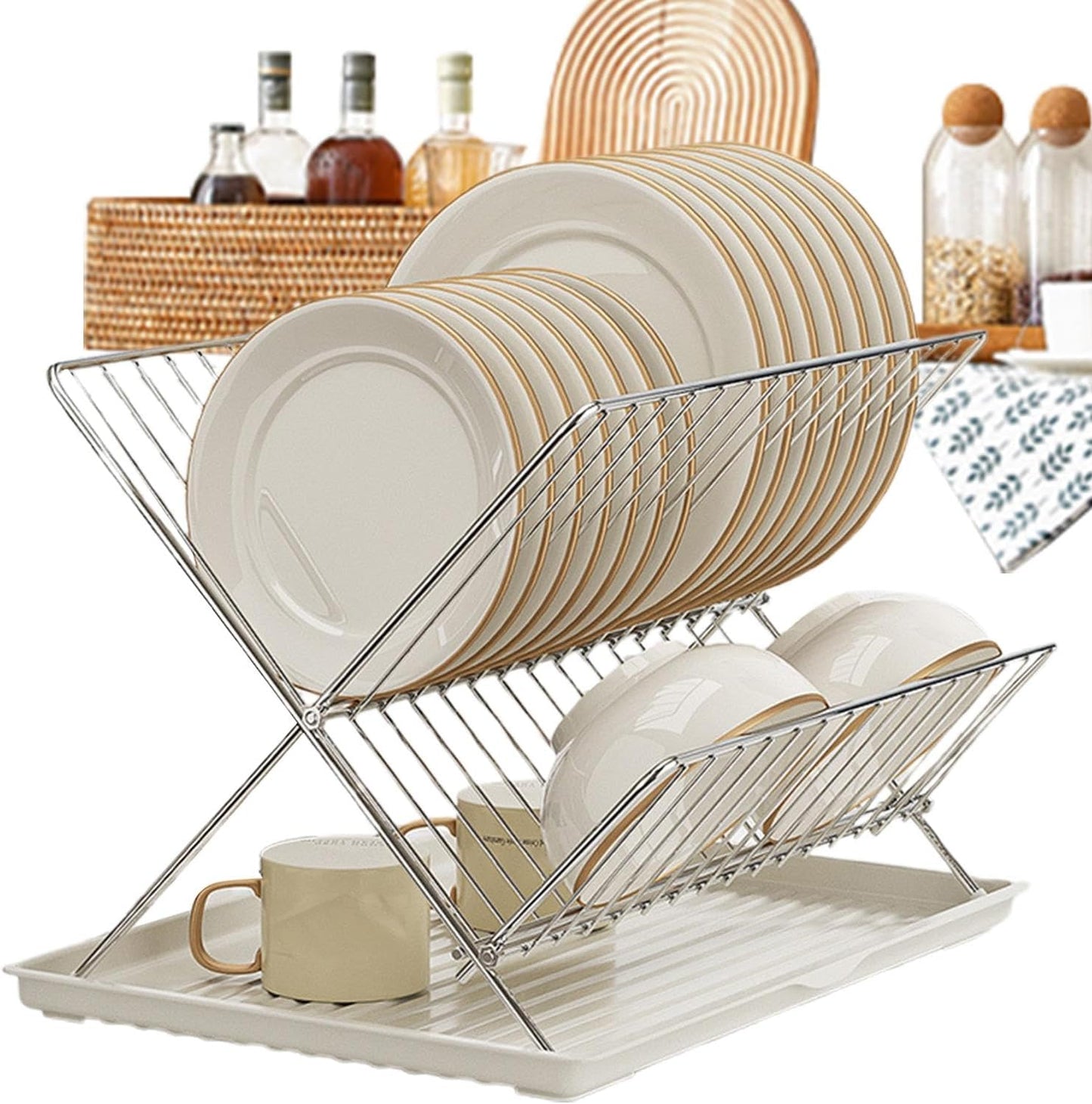 Foldable dish drainer – 2-tier kitchen drying rack with removable tray – Kelvra