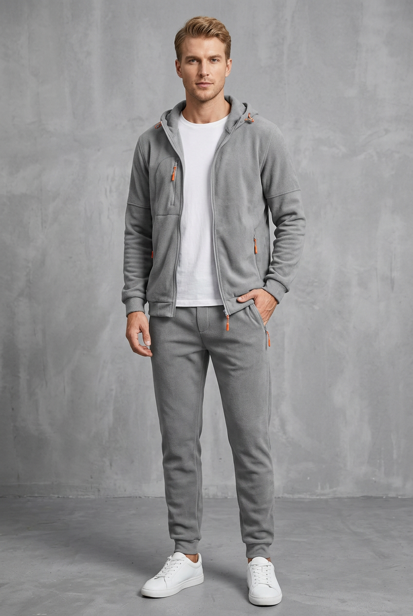 Front view of the light grey set in a soft fleece-like fabric with orange zip pulls 10