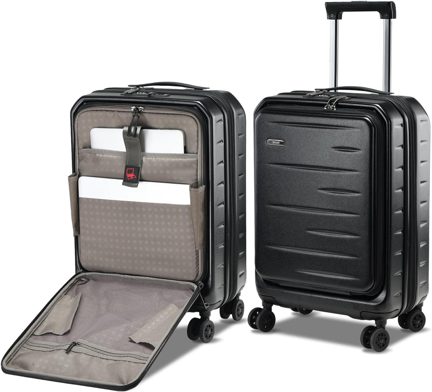 Expandable hard-shell suitcase with front compartment and TSA lock.
