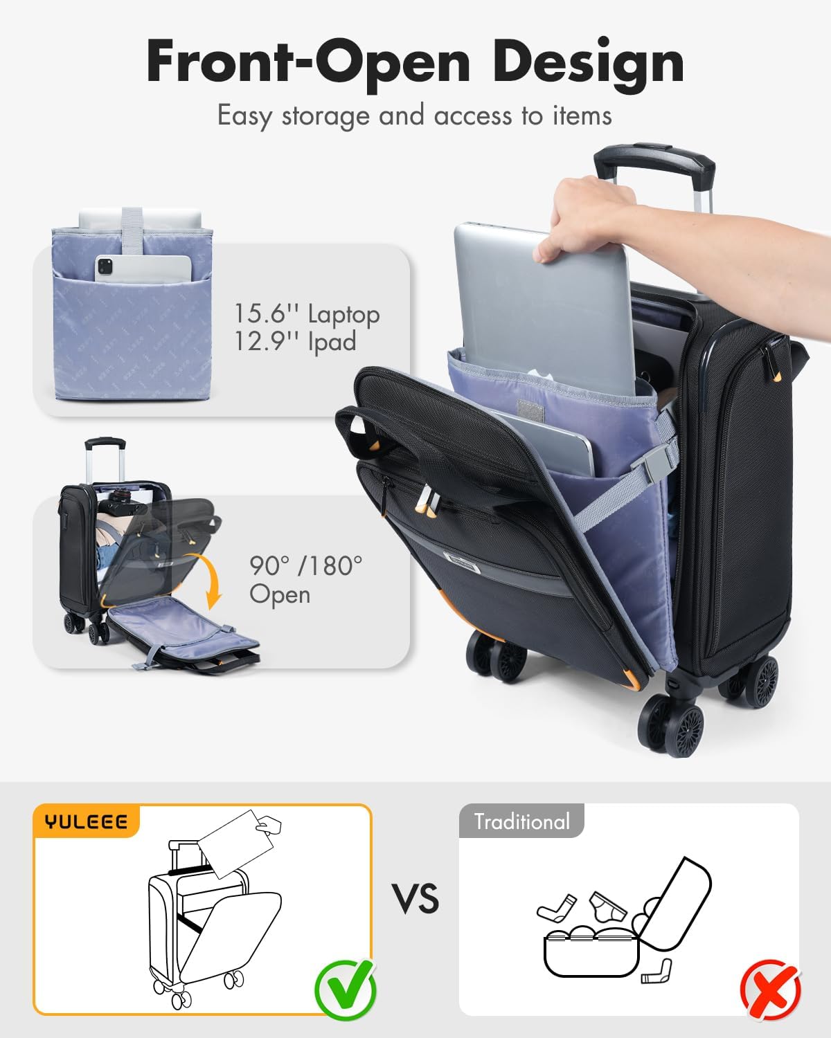 Airline-approved under-seat hand luggage with spinner wheels and a laptop compartment