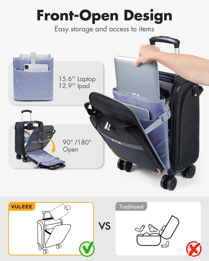 Airline-approved under-seat hand luggage with spinner wheels and a laptop compartment