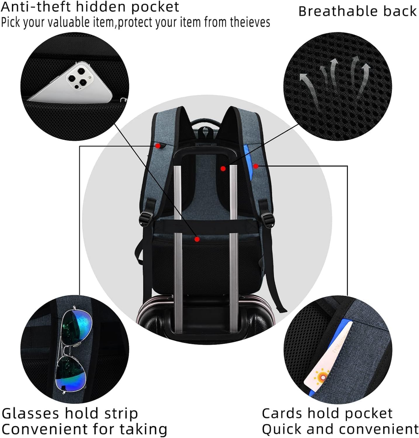 Water-resistant travel laptop backpack with USB charging port