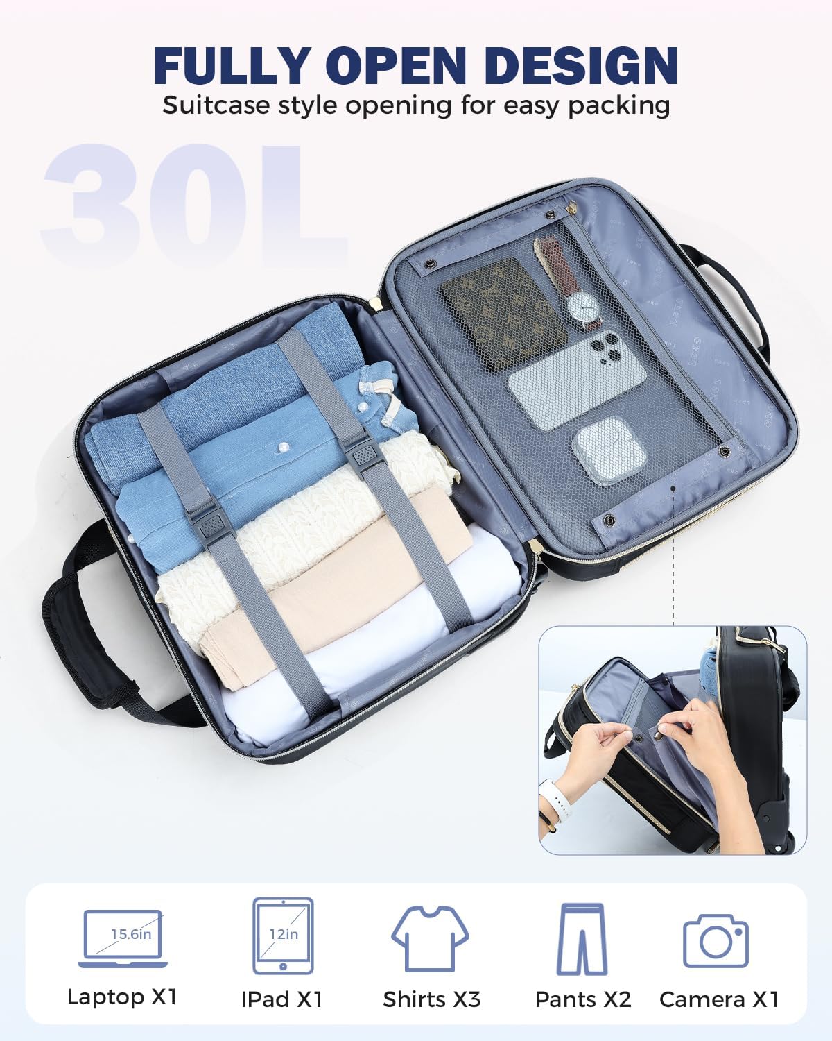 15.6" rolling suitcase for a laptop with multiple compartments and airline-approved dimensions
