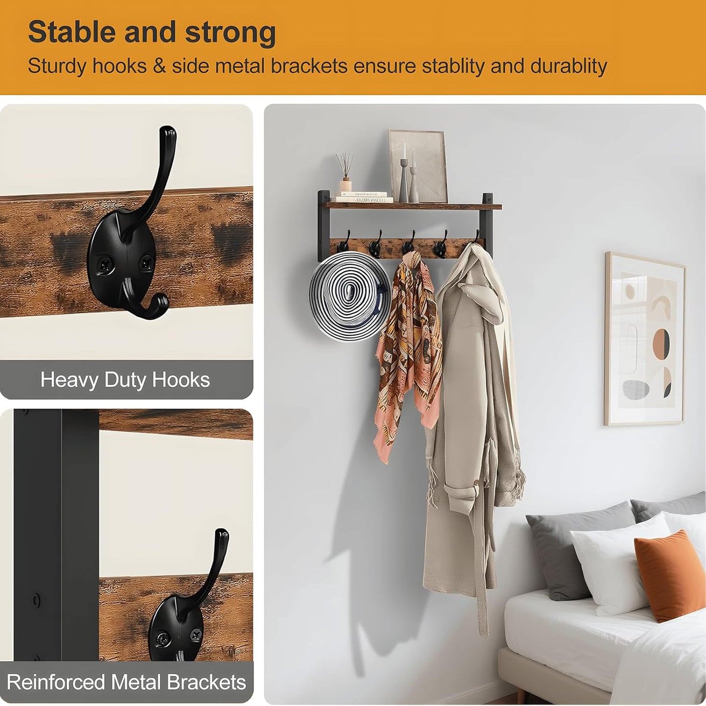 Wall-mounted coat rack with shelf and 5 metal hooks – Ravora