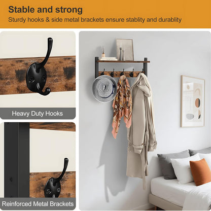 Wall-mounted coat rack with shelf and 5 metal hooks – Ravora