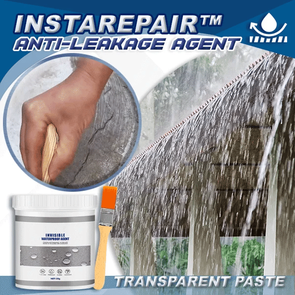 Hand smoothing sealant paste over a cracked grey surface, with heavy rain falling on a roof 6