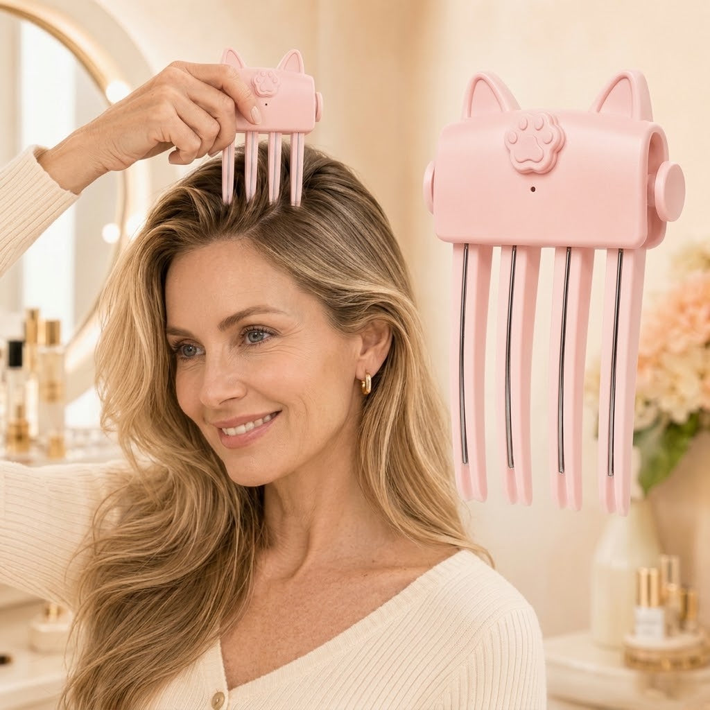 Pink cat-ear styler shown large beside a blonde woman applying it at her hairline 3