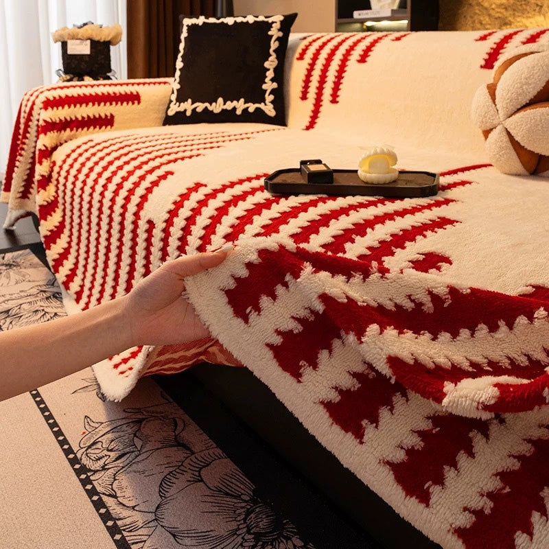 Red and cream cover with zigzag stripes on a sofa, with a hand lifting the edge to show the thick pile 14