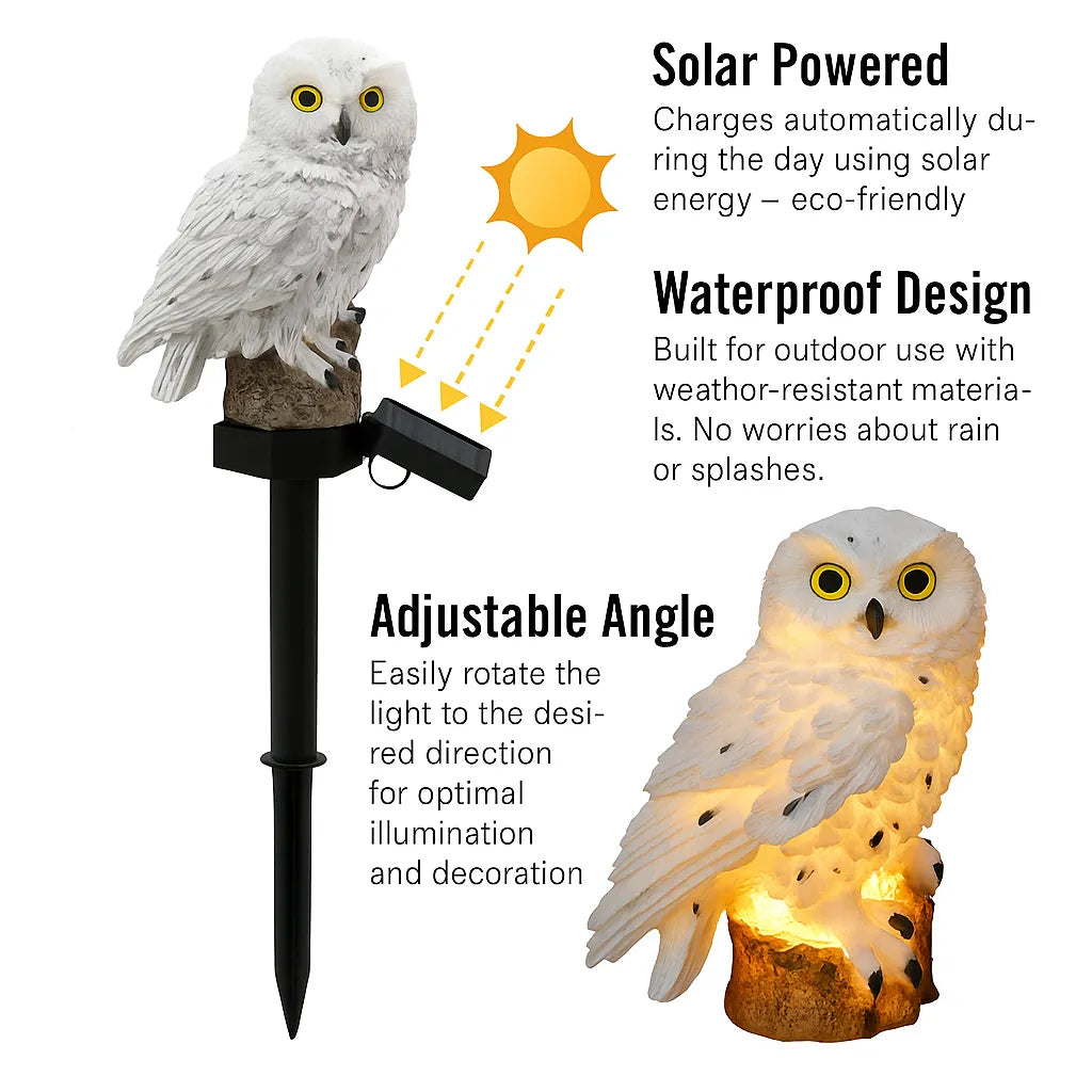 White owl light on its black ground spike with tilting solar panel, shown beside a close-up of the glowing owl. 3
