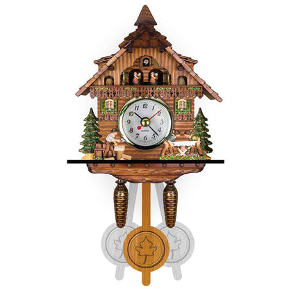 Wall clock in a log chalet design with two men sawing timber, a man chopping wood, fir trees and a pendulum. 6