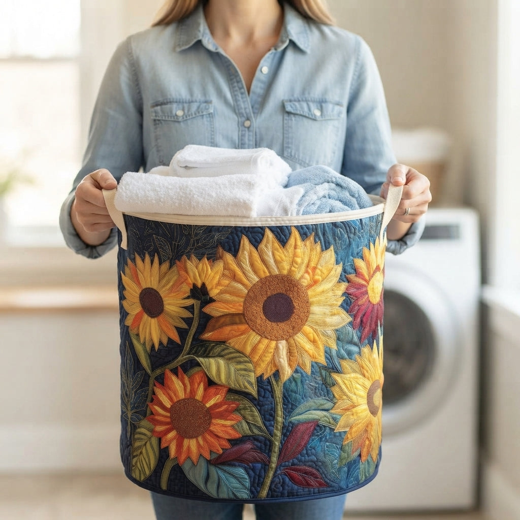 Person in a denim shirt carrying the sunflower basket by its cream fabric handles, filled with folded white and blue towels. 3
