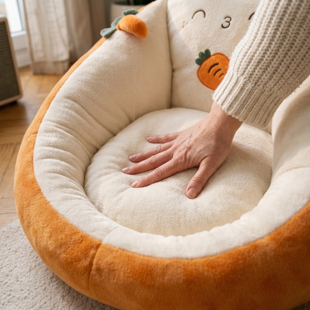 Hand pressing the cream cushioned seat of the carrot chair, showing how soft and padded it feels 3