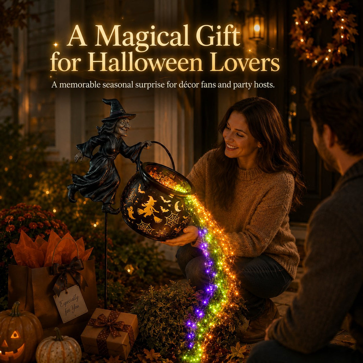 Smiling woman holds the glowing cauldron by a porch, with gift bags, a wrapped present and a seated man beside her. 10