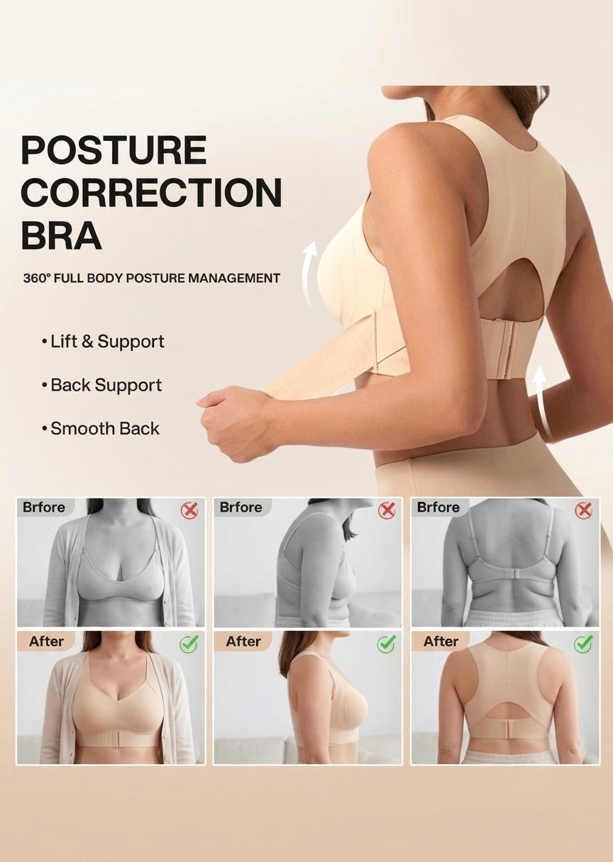 Posture-correction infographic with a model adjusting the beige bra's back strap and before-and-after comparison photos. 12