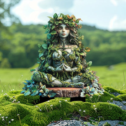 Meditating woman figure with a leaf crown and moss-covered body, seated cross-legged on a wooden disc above a mossy lawn. 5