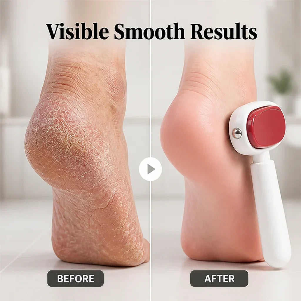 Side-by-side of a cracked, dry heel and a smooth heel being filed with the tool 2