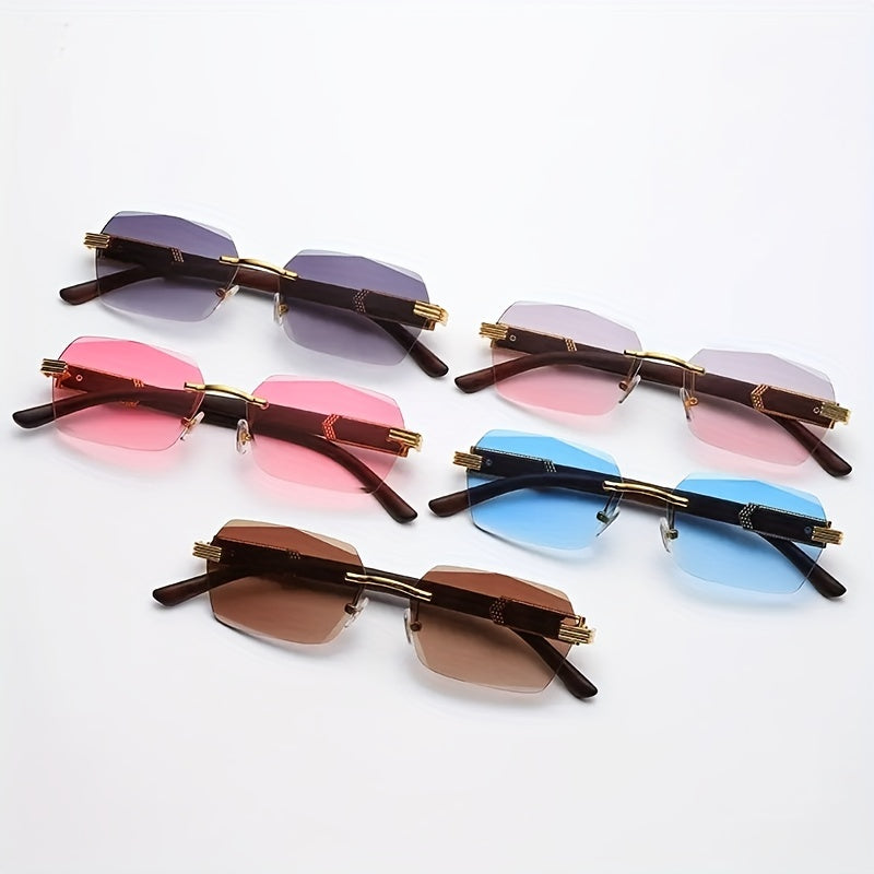 Rimless sunglasses with rectangular lenses and faux-wood temples – Verro