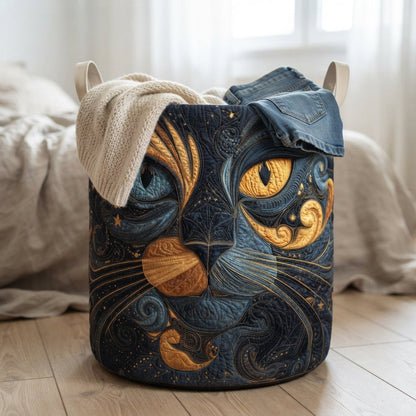 Basket standing on a pale wooden floor by a bed, holding a cream knitted jumper and a pair of jeans. 4