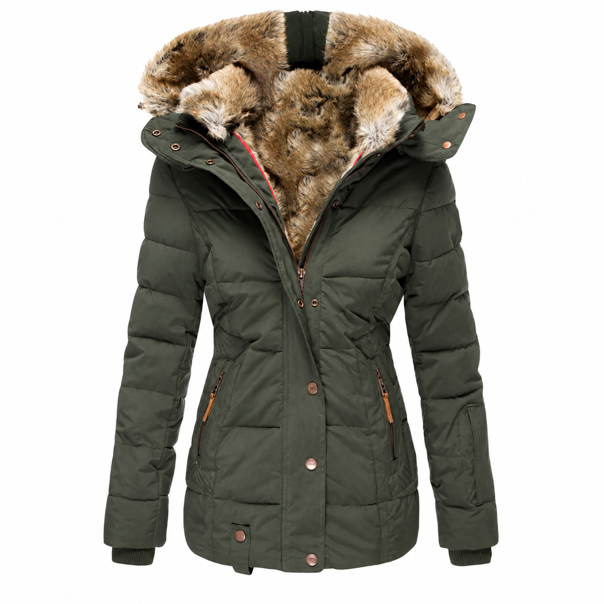 Dark olive green quilted parka with fur-lined hood, open at the front, on a white background 4