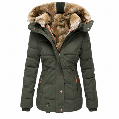 Dark olive green quilted parka with fur-lined hood, open at the front, on a white background 4