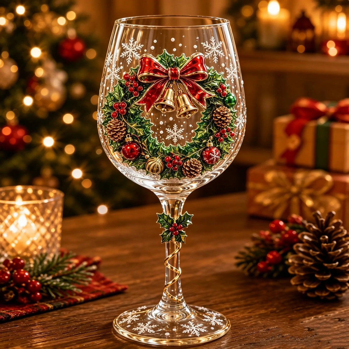 Wine glass with a festive wreath of holly, pine cones and baubles, topped with a red bow and bells 5