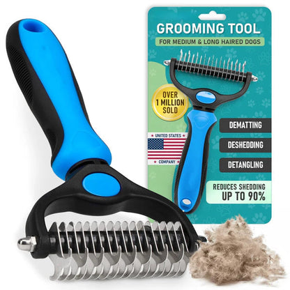 Blue rake beside its retail card and a clump of removed fur, showing the curved blades and grip. 11