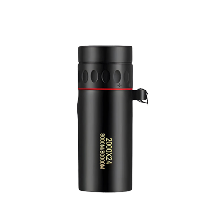Black cylindrical monocular with a ribbed focus ring, red accent band and wrist strap, on white 1