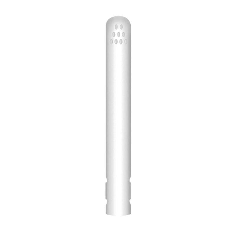 Closed white straightener standing upright on a plain white background, showing the vent holes at the tip. 9