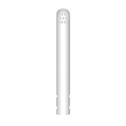 Closed white straightener standing upright on a plain white background, showing the vent holes at the tip. 9
