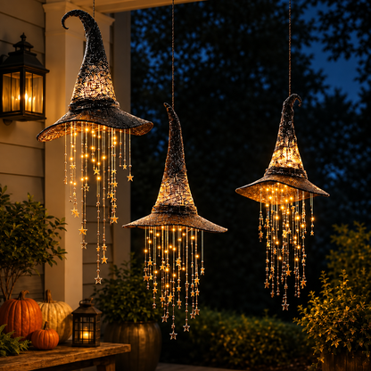 Three glowing witch hats hang outside beside a wall lantern and pumpkins on a bench, with trees behind in the dusk. 7