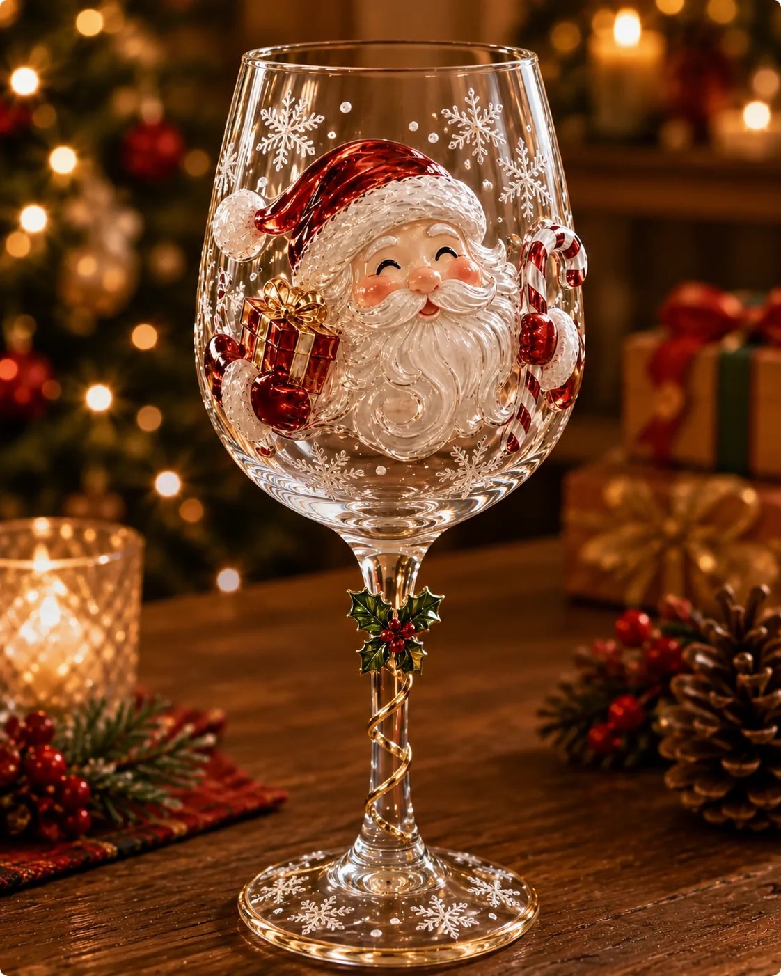 Wine glass with a raised Santa face holding a gift and candy cane, holly on the stem 1