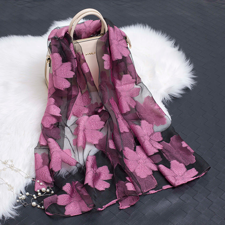 Autumnal ladies' silk scarf with floral pattern and cut-out design – Fiora (Buy one, get one free)