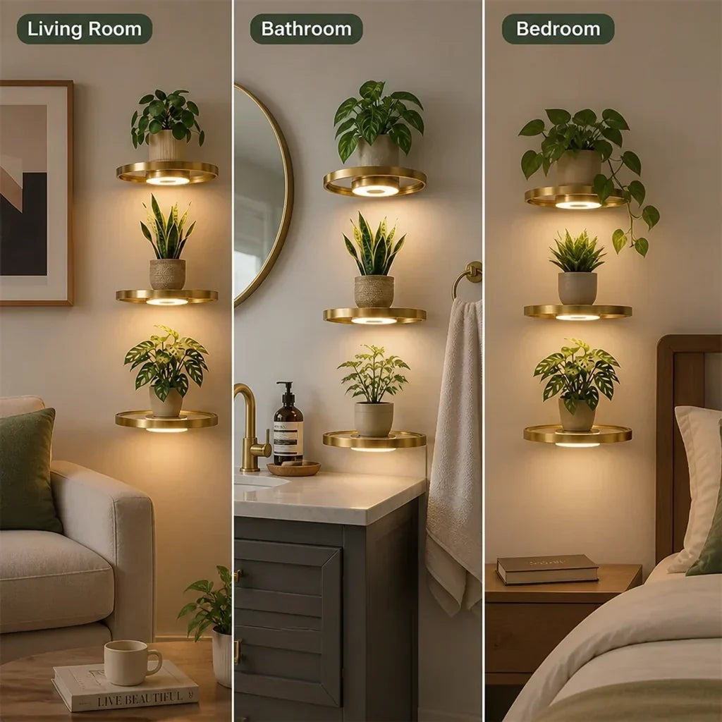 Three-panel collage showing the lit gold shelves with plants in a living room, a bathroom beside a mirror and a bedroom. 5