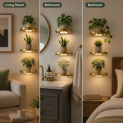 Three-panel collage showing the lit gold shelves with plants in a living room, a bathroom beside a mirror and a bedroom. 5