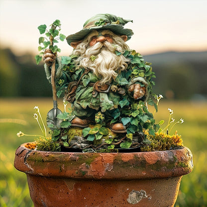 Ivy-clad bearded gnome holding a leafy staff, planted in a weathered terracotta pot with mossy edges. 14