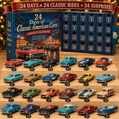 Blue calendar box with numbered drawers open beside 24 classic American die-cast cars on wooden steps 2
